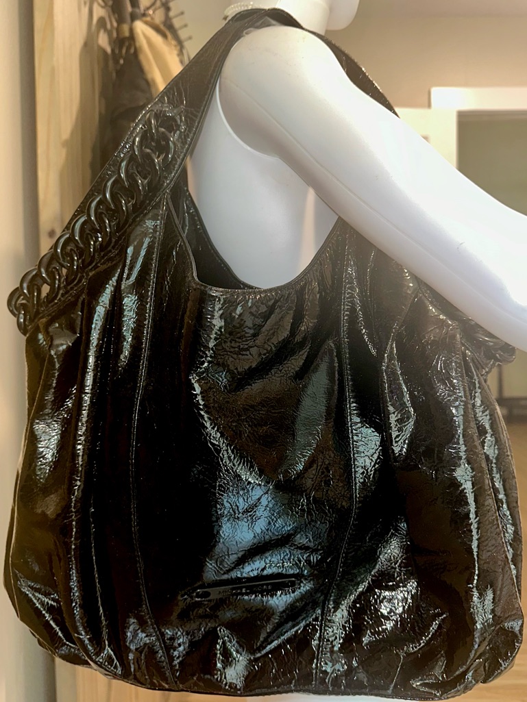 New Nwot Michael Kors Collection Black Patent Leather Hobo Bag Chain Detail Id